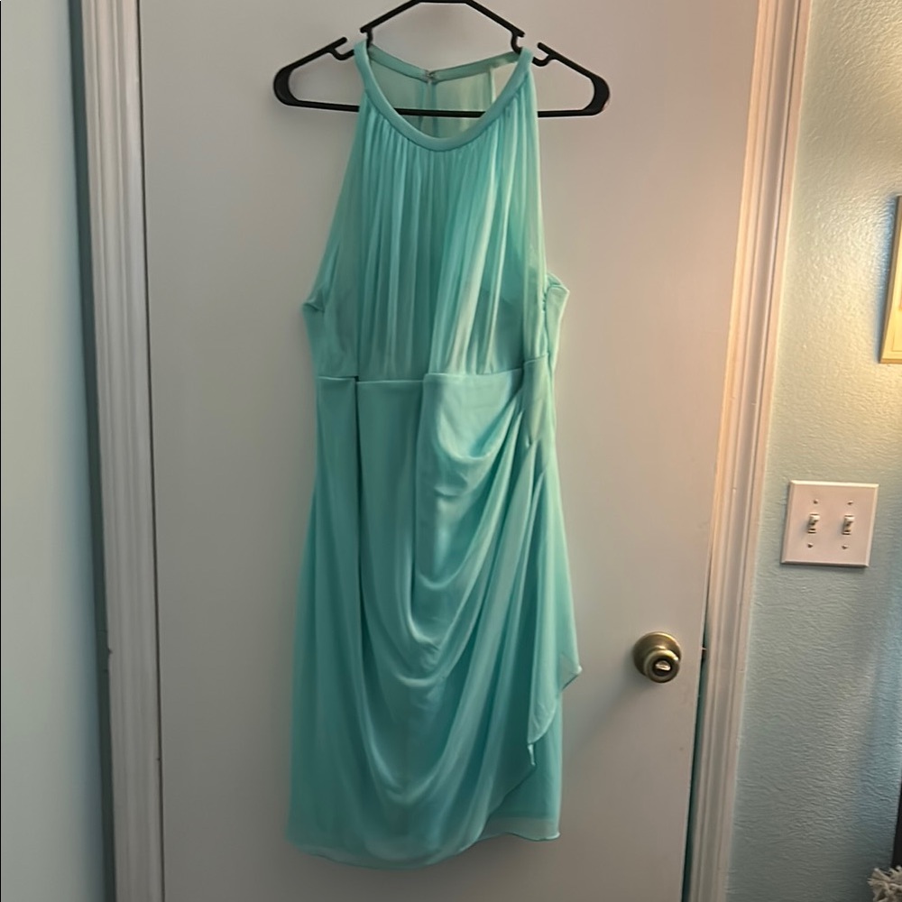 David's Bridal Green Asymmetrical Ruched Halter Dress